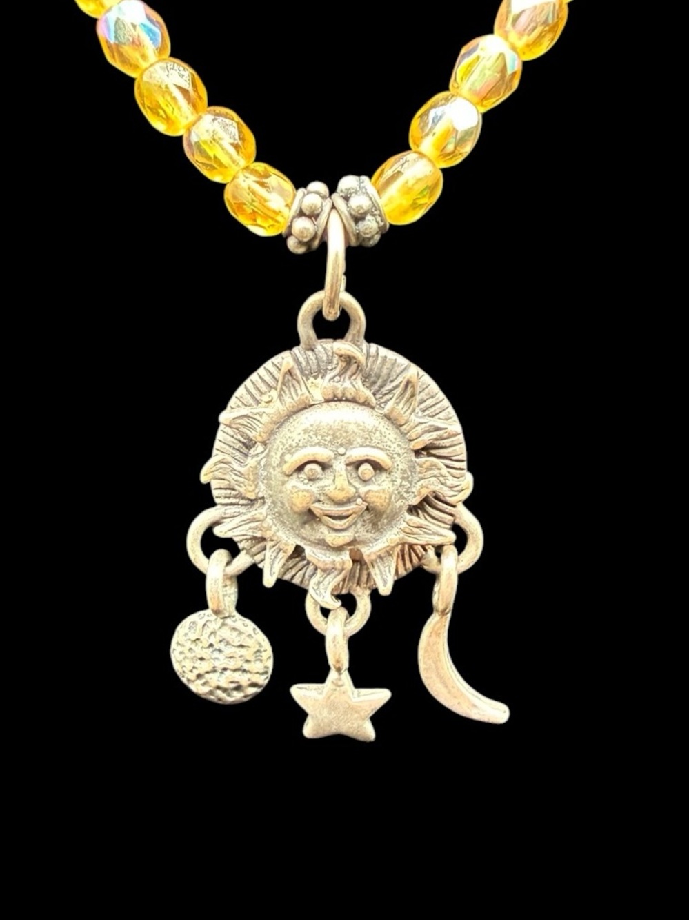 Sterling Silver Yellow Beaded Sun Charm Celestial Necklace